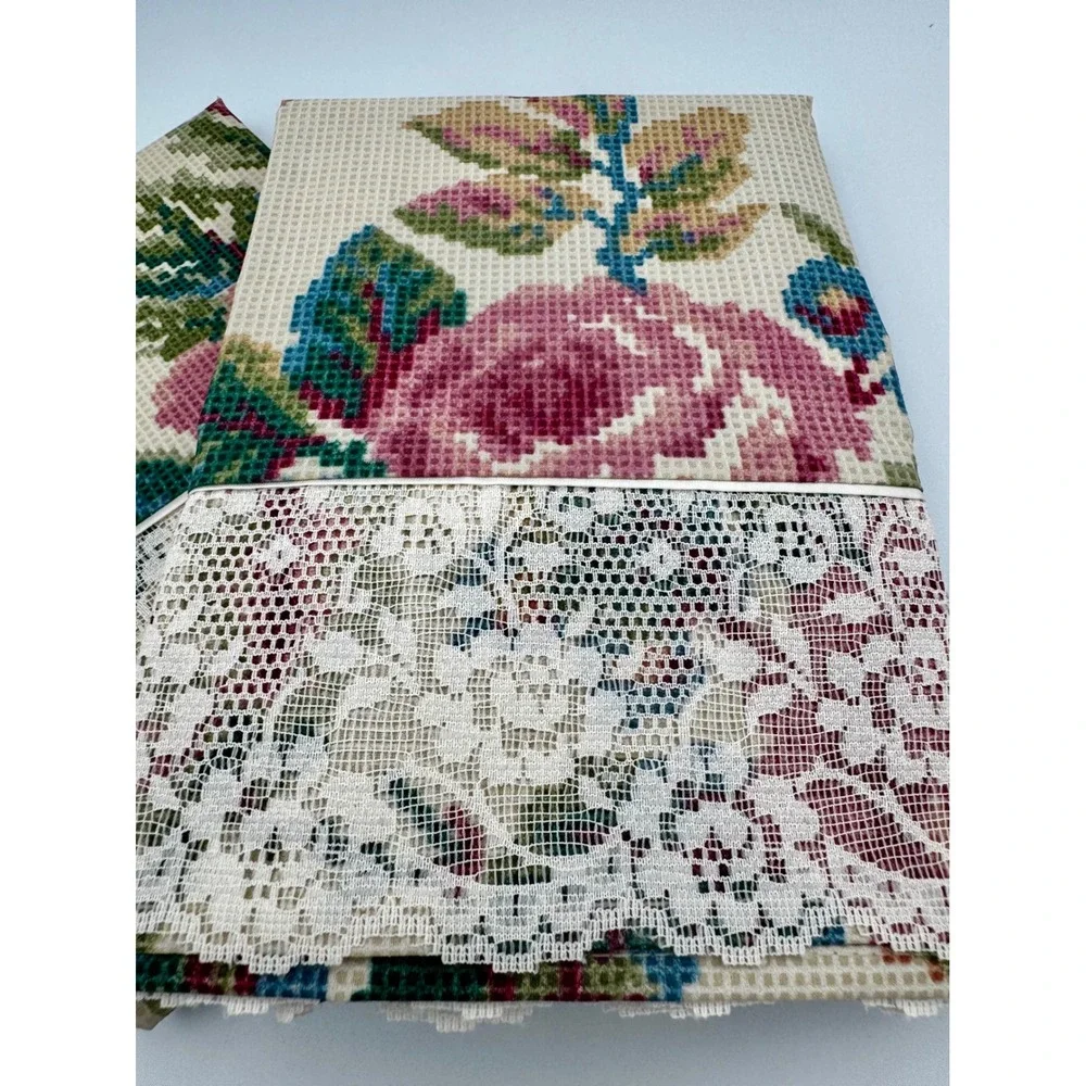 Vintage Cannon Royal Family King Pillowcase Set Floral Lace Cross Stitch Percale